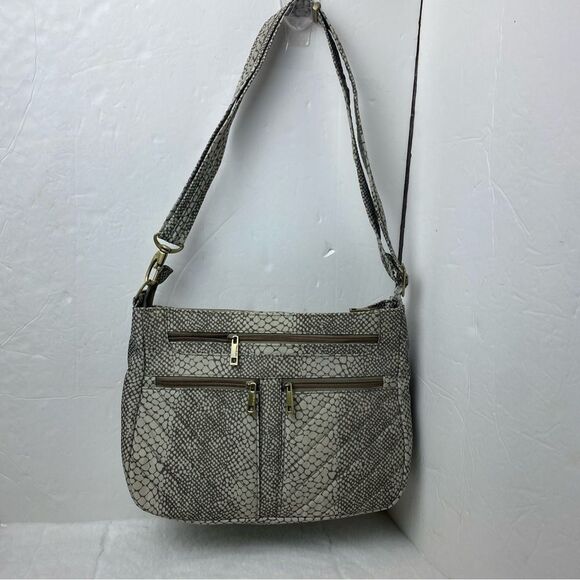 Travelon Brown and Tan Snake Print Crossbody Purse - Picture 1 of 11